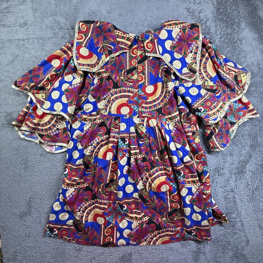 FAD Vtg 80s Womens XL Egyptian Pharaoh Art Print Blouse Tiered Sleeve Top - Picture 2 of 9